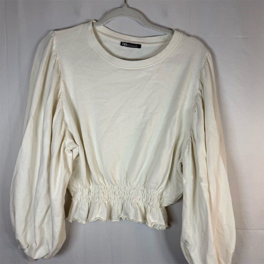 ZARA Cropped Sweatshirt Top Womens Size L Ivory Smocked Waist Peplum Hem